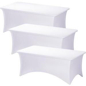 Fixwal 3 Pack White Table Cloths Rectangle 6FT, Tablecloths Rectangular Stretch Spandex Fitted Table Covers 6 ft for Parties, Trade Shows, Banquet, Weddings, Buffet, Graduation Decorations
