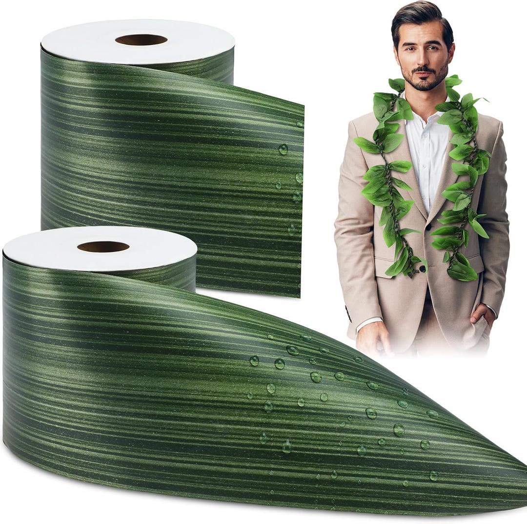 2 Pcs 4'' 50 Yard Dark Green Ti Leaf Floral Ribbon Outdoor Polyester Satin Ribbon Waterproof Aspidistra Ribbon for Outdoor Indoor Florist Wrap Wedding Bouquet Art Crafts Holiday Decorating
