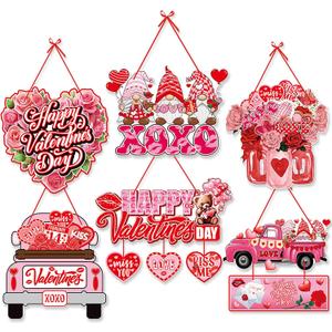 Pink-Red Valentines-Day Front-Porch Door Hanger-Decor - 6pcs Love Romantic Special Night Galentines Party Paper Signs Banners,Engagement Wedding Anniversary Wall Hanging Decorations Lasting Surprise