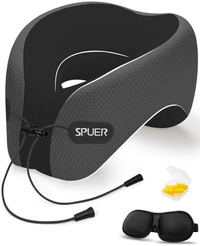 Travel Pillows for Airplanes, Neck Pillow Airplane, Airplane Travel Accessories with Eye Mask, Earplugs & Storage Bag, Ergonomic Memory Foam Neck Pillow for Sleeping, Flights, Cars (Dark Gray & Black)