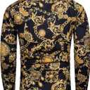 fohemr Mens Luxury Dress Shirts Baroque Gold Chain Print Casual Long Sleeve Button Down Buchona Shirt for Party (Black, XL)