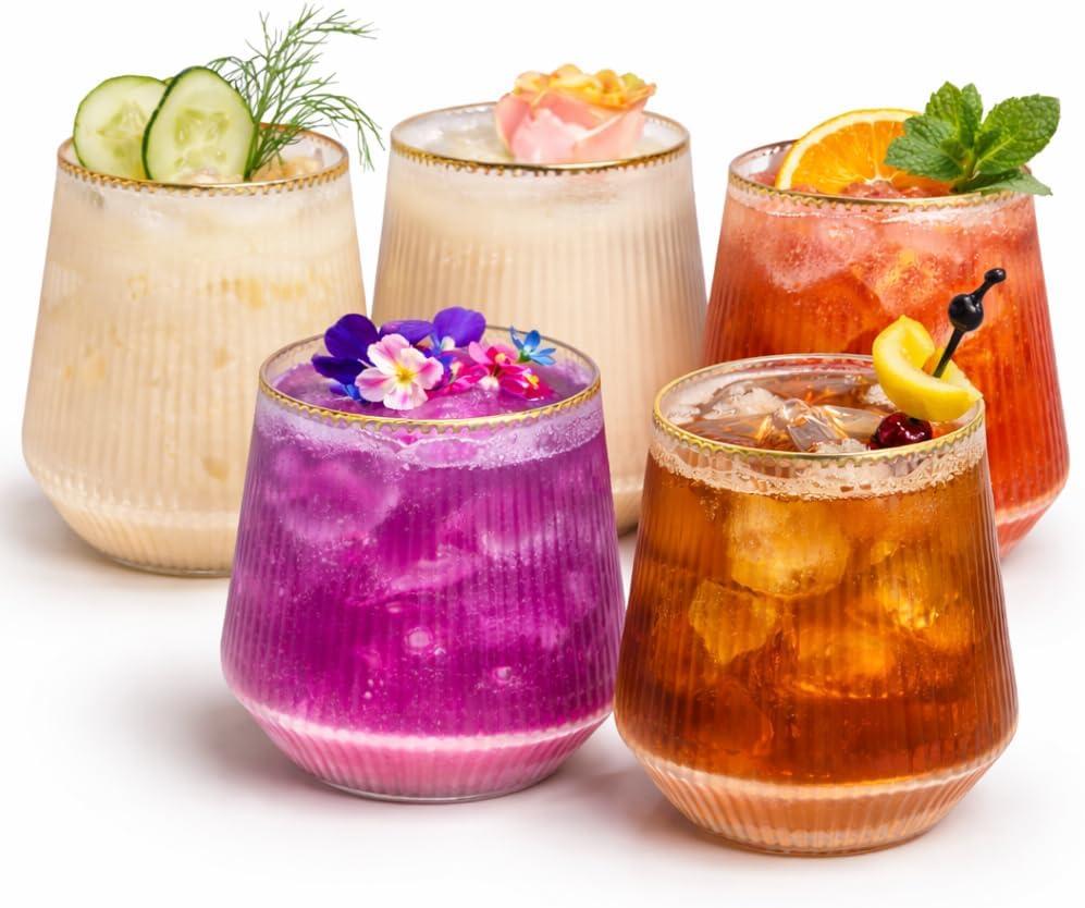 Oojami 40 Pack 14 oz Origami Ripple Stemless Ribbed Plastic Glasses, Disposable Unbreakable BPA-Free Cocktail Cups for Fancy Parties, Weddings, Indoor Outdoor Champagne, Whiskey, Mimosa, Gold Rim