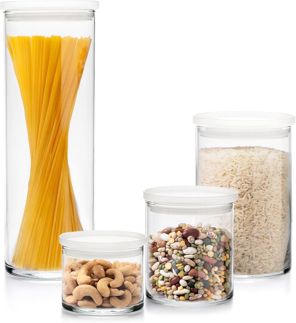 Libbey Stacking Cylinder Assorted Storage Jars, Stackable Glass Jars Set of 4, Airtight Plastic Lids, Dishwasher Safe Food Jars for Storing Dry Goods, 4-Piece Set