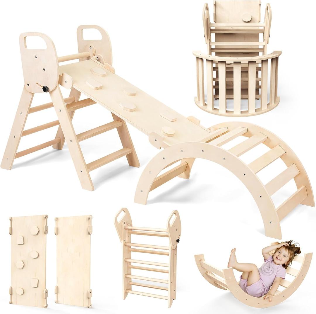 Norbee Pikler Triangle Set Foldable Wooden Toddler Climbing Toys Indoor, Playground Jungle Gym for Kids, Montessori Climbing Set for Toddlers, 6-piece set