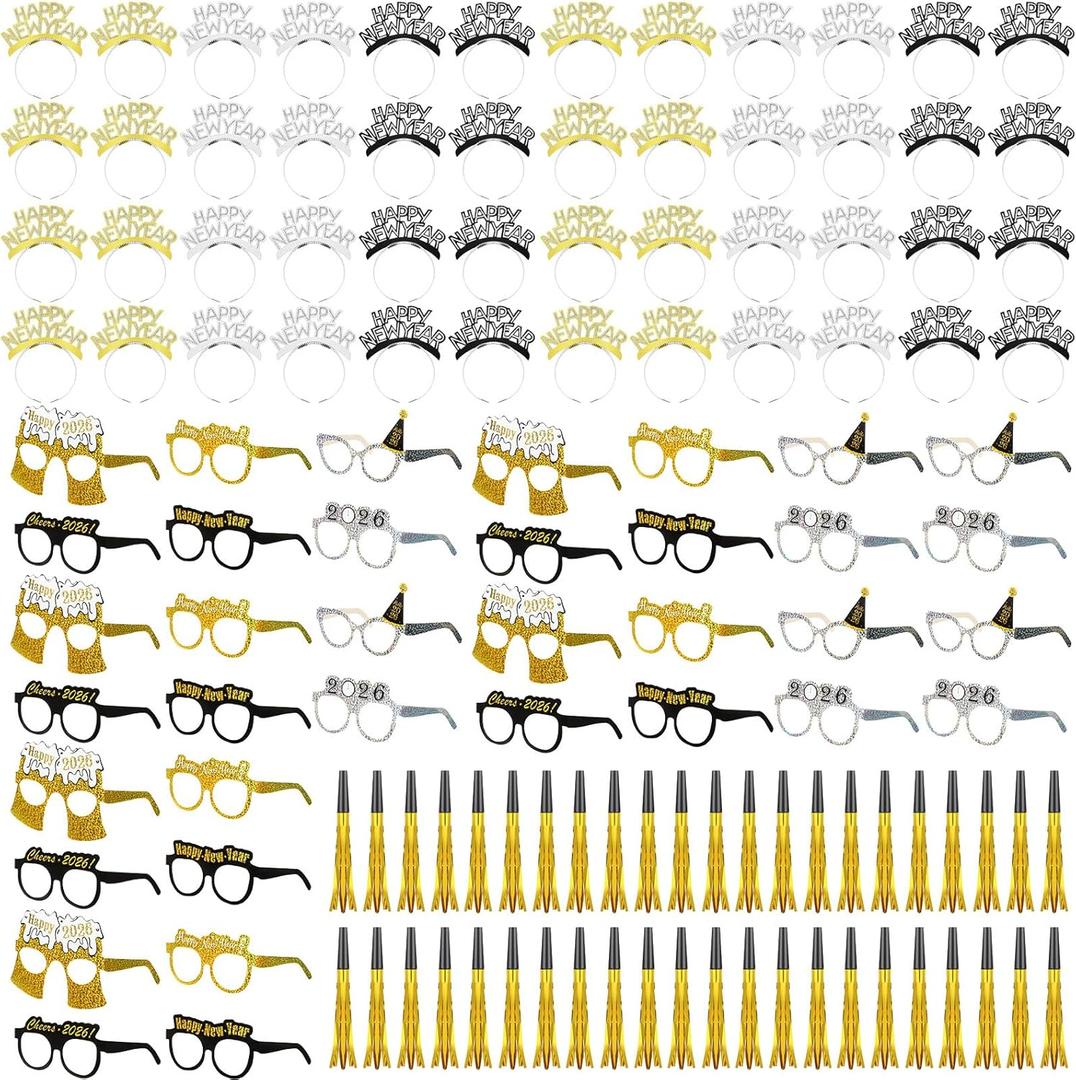 108 Pcs New Years Eve Party Supplies 2026 Fancy New Year Glasses Gold Noise Maker Headband NewYear Celebration Black Silver and Gold Party Favor for Happy NewYear Gift Accessories Decoration