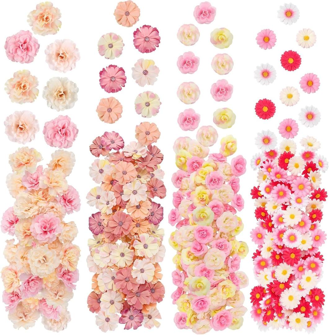 ATTGREAT 310 Pcs Fake Flower Heads Mini Artificial Flower Bulk Silk Flowers for Decoration Small Faux Flower Heads Fabric Daisy Buds Floral for Crafts DIY Wedding Party Baby Shower Home Decor, Pink