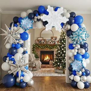 Winter Wonderland Balloon Garland arch kit 128 Pcs large Snowflake balloons Navy Blue white silver Balloons For boy Birthday Party Baby its cold outside baby shower Snow Queen Princess decorations