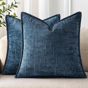 decorUhome Chenille Throw Pillow Covers 18x18 Set of 2, Thick Textured Slubby Neutral Decorative Pillow Covers with Elegant Design for Couch, Sofa, Living Room, Navy Blue