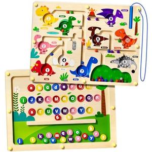 2 in 1 Magnetic Color and Number Maze Double-Sided ABC Alphabet Puzzles Board Magnet Dinosaur Counting Maze Preschool Learning Montessori Education 3 4 5 Years Toys (Multicolored, One Size)