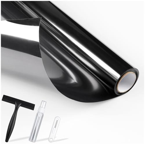 rabbitgoo One Way Window Privacy Film with Kit Window Tint for Home UV Heat Blocking Static Cling Sun Blocker Light Darkening Reflective Mirror Covering See Out Not in 17.5 in X 9.8 Feet Black Silver