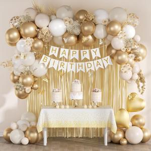 White and Golden Birthday Party Decorations with Happy Birthday Banner Fringe Curtai Tablecloth Butterfly Decorations Foil Balloons Happy Birthday Decorations for Women Girls Adults Kids