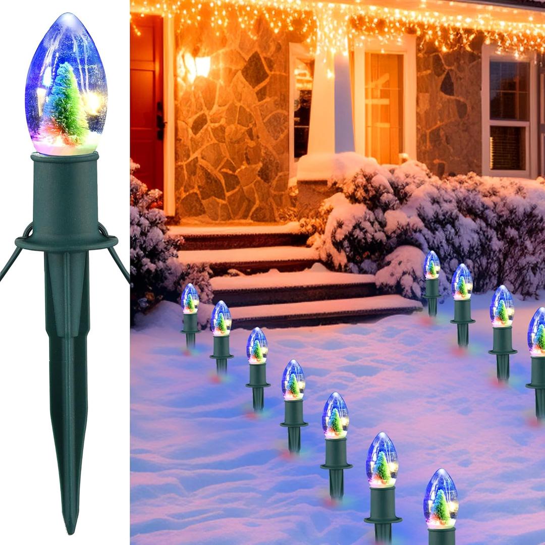 VCOKEN 24.5FT C9 Led Christmas Pathway Lights Outdoor, 20 Bulbs Waterproof Connectable Christmas Walkway Lights with Stakes for Outside Driveway Sidewalk Outdoor Decorations Yard (Multicolor Standard)