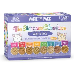 Weruva Slide N' Serve Paté Wet Cat Food, The Showcase Chowdown Variety Pack, 2.8oz Pouch, Pack of 16 (EXP 11/26/28)