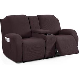 TAOCOCO Recliner Loveseat Cover with Middle Console Sofa slipcover, Stretch Reclining Sofa Covers for 2 Seat Reclining Couch, Jacquard Pattern Soft Loveseat Slipcover Furniture Protector, Chocolate (2 Seat with Console)