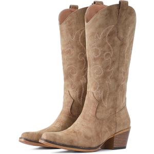 IUV Cowboy Boots For Women Western Cowgirl Boots Mid Calf Snip Toe Boot With Chunky Heel, 7.5, Camel