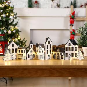 Retisee 1 Set Christmas Gingerbread House Decorations Foldable Christmas Gingerbreads House with LED Light and 2 Pcs Tree Xmas Village Home Cabinet Decor Gift for Party(Neutral Houses,Black,White)
