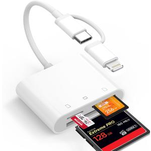CF SD Card Reader for iPhone iPad Mac Dual Connector (Lightning & USB C), Digital Camera Memory Card Adapter to iPhone with Compact Flash/SD/MicroSD 3 Slot, Plug&Play for Android Phone Laptop