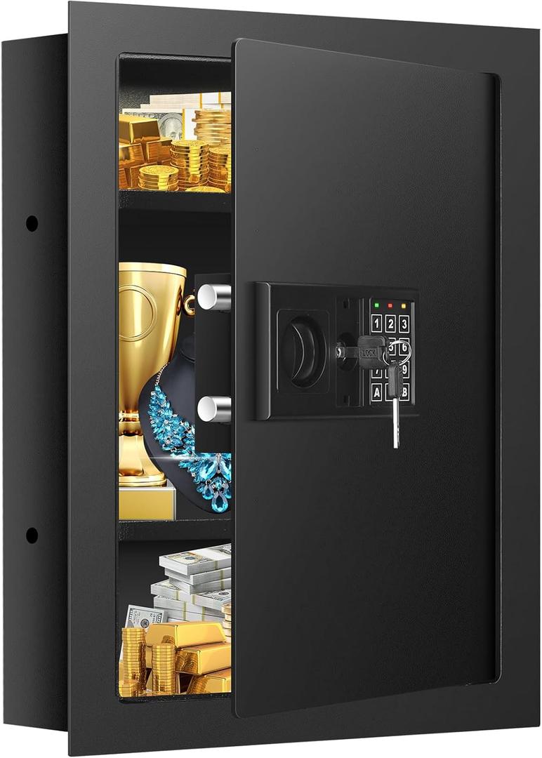 25.6" Tall Fireproof Wall Safes Between the Studs 16" Centers, Heavy Duty Combination Lock in Wall Safe with 2 Removable Shelf, Hidden Safe for Money, Jewelry, Document, Passport (Black)