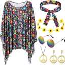 Hicarer 6 Pcs Hippie Costume Accessories Set Includes Headband Poncho Necklace Earrings Sunglasses for Women Girls, One size
