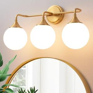 Ritakcdn Gold Bathroom Light Fixtures, Modern Vanity Lighting Over Mirror, Mid Century Brushed Brass Wall Sconce 3-Light with Milky White Glass Ball Shades