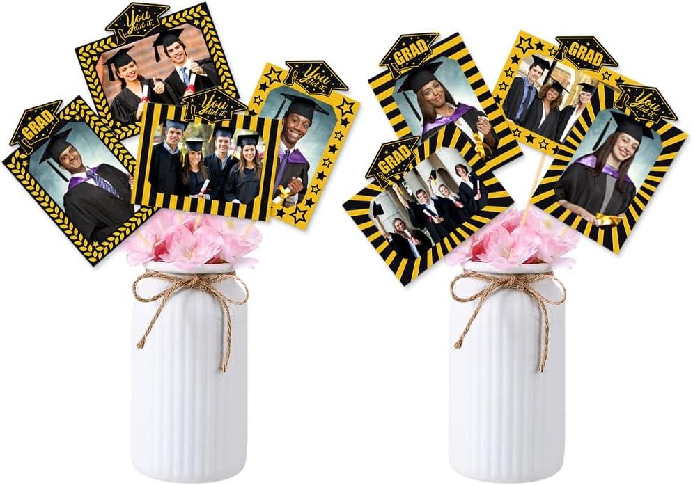 8PCS Graduation Party Decorations,Black & Gold Double-Sided Class of 2025 Graduation Photo Centerpieces for Tables, Table Toppers, High School College Grad Party Favors Supplies
