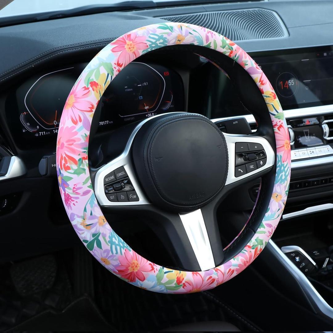 60s Multicolored Ditsy Vintage Flowers Steering Wheel Cover Auto Steering Wheel Protector, Anti-Slip, Breathable, Absorbing Sweat, Universal Car Accessories 14.515 inch, Fit for Most Car, Trucks, SUV