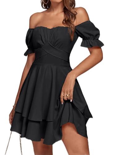 LYANER Women's Tie Back Off Shoulder Wrap Layer Ruffle A Line Short Sleeve Casual Mini Dress Solid Black, Small