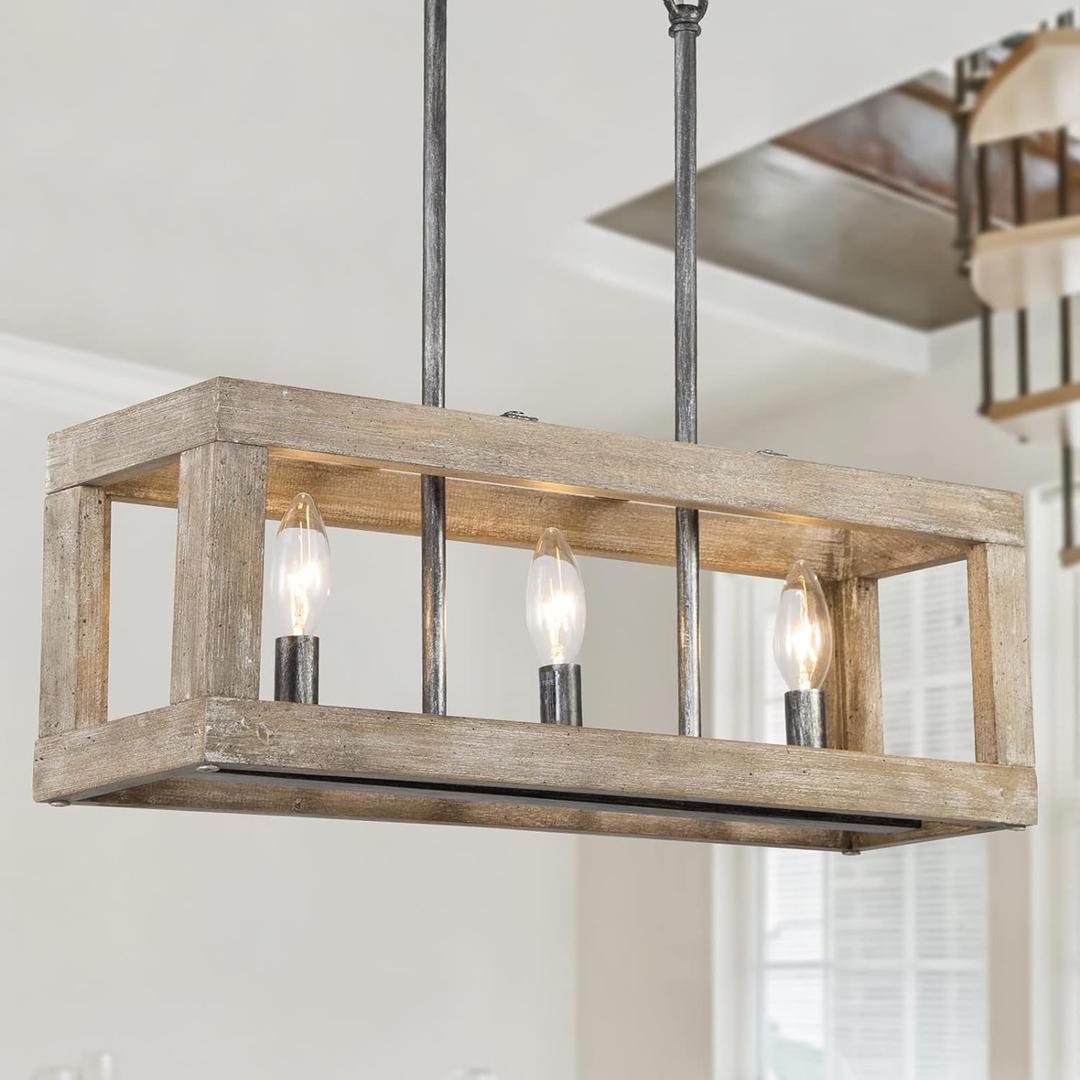 Wood Chandelier, 3 Light Farmhouse Chandelier Light Fixtures, Rectangle Island Lighting for Kitchen Dining Room