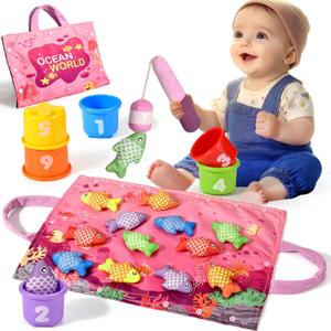 Montessori Toys for 1 Year Old Girl Gifts, Pink Cloth Fishing Toy for Toddler 1-3, Fine Motor Skills Toy Sorting Learning Baby Toys 6-12-18 Months, Toddler Toys for Baby Easter Gifts
