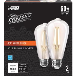 Feit Electric ST19 Vintage Edison LED Light Bulb, 60W Equivalent, Dimmable, 2700K Soft White, 800 Lumens, E26 Base, Retro Filament Light Bulbs, 15,000-Hour Lifetime, ST1960/CL/927CA/2, 2 Pack
