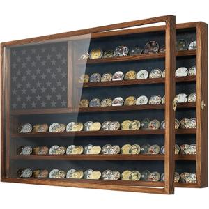 Challenge Coin Display Case, 27.6" x 18.3" Lockable Military Coin Holder Cabinet with Removable Star Board, Solid Wood Coins Cases for Collectors Plexiglass Coins Rack Stand