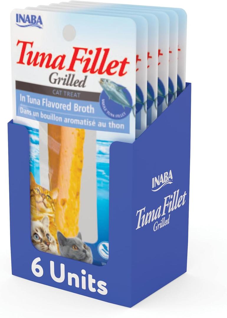 INABA Grilled Fillets Cat Treats, Tuna in Tuna Broth, 6ct | Hand-cut grilled tuna, Broth-packed, Vacuum packed, 71% moisture, Immune support, Grain-free, 6 x 0.52 oz fillets (EXP 01/22/28)