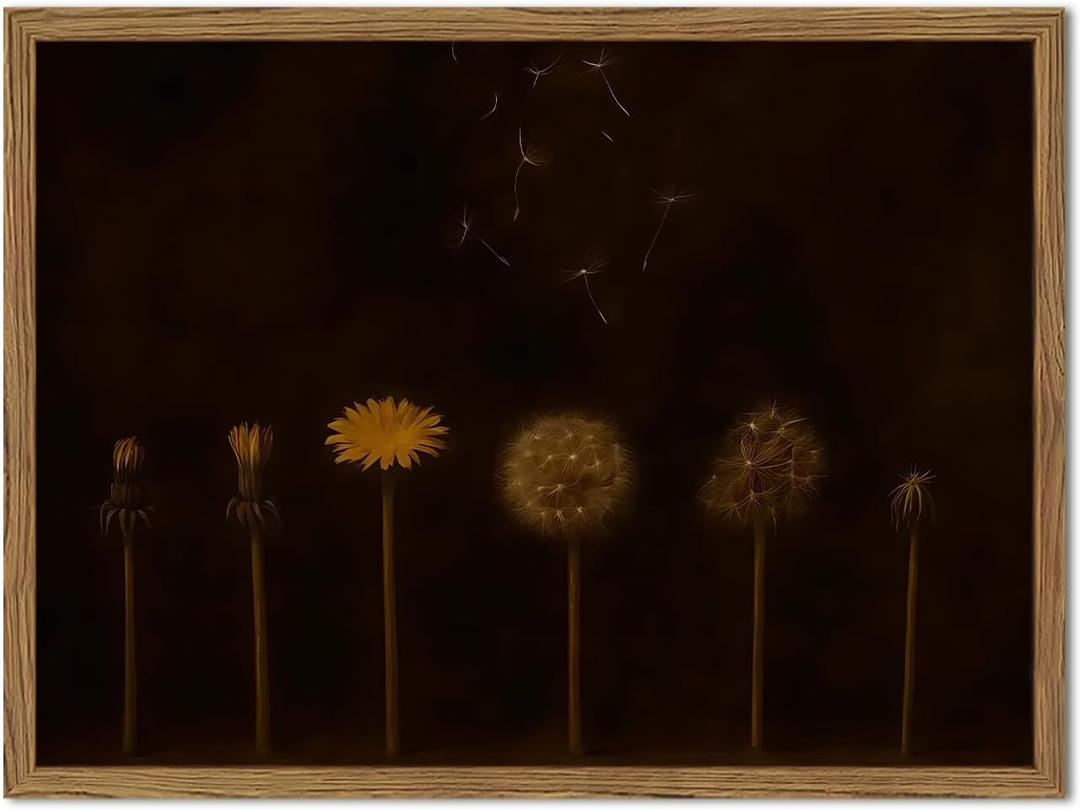 Moody Dandelion Wall Art, Dark Academia Floral Wall Decor Painting Vintage Botanical Flower Poster Canvas Prints Picture for Living Room Bedroom Farmhouse 16x24 inch Wood Framed