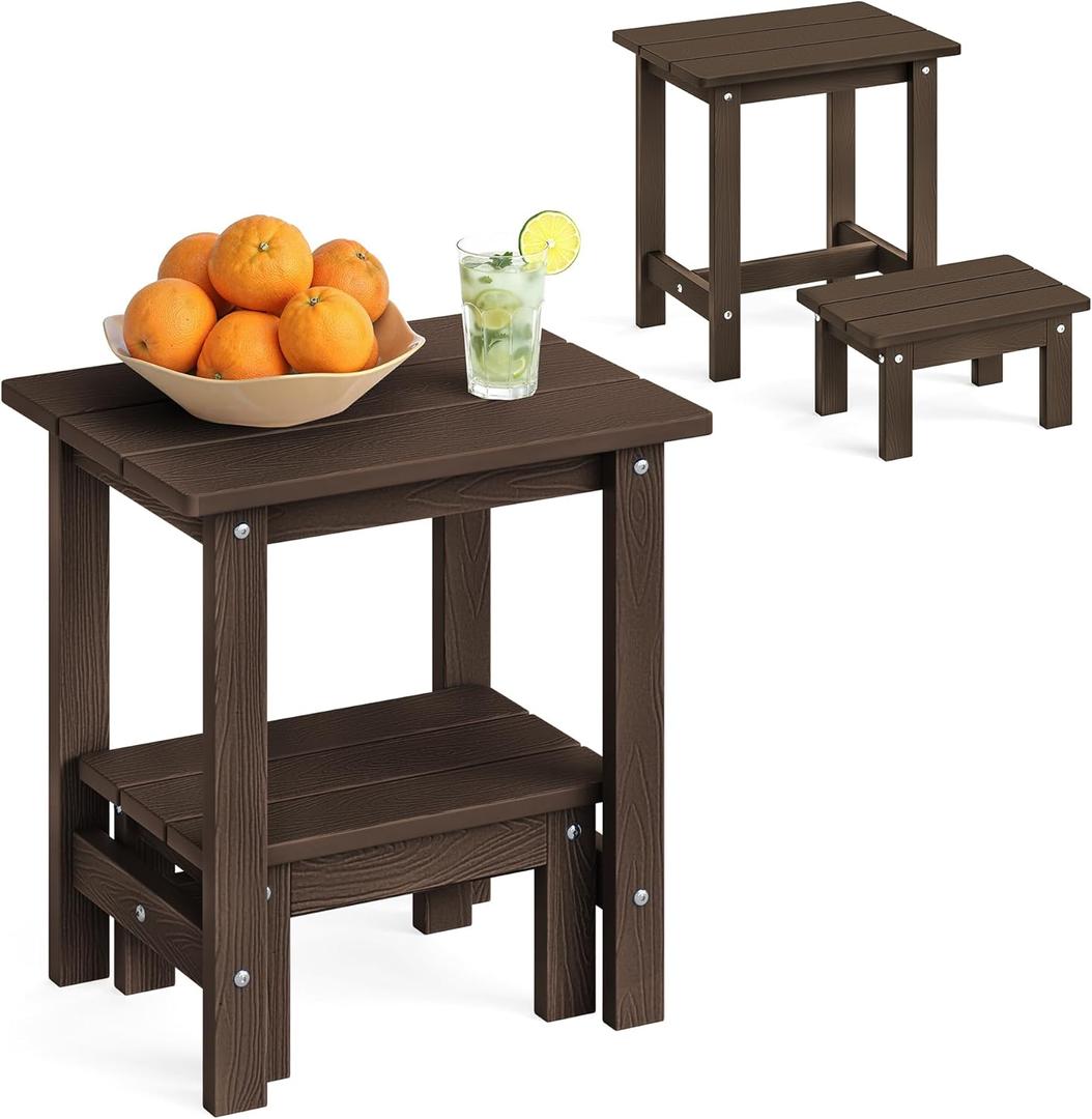 LUE BONA Outdoor Side Table, 2-Tier HDPS Outdoor Nesting End Table with Removable Small Foot Stool for Patio, Deck, Poolside, Low Maintenance & Weather Resistant,Dark Brown