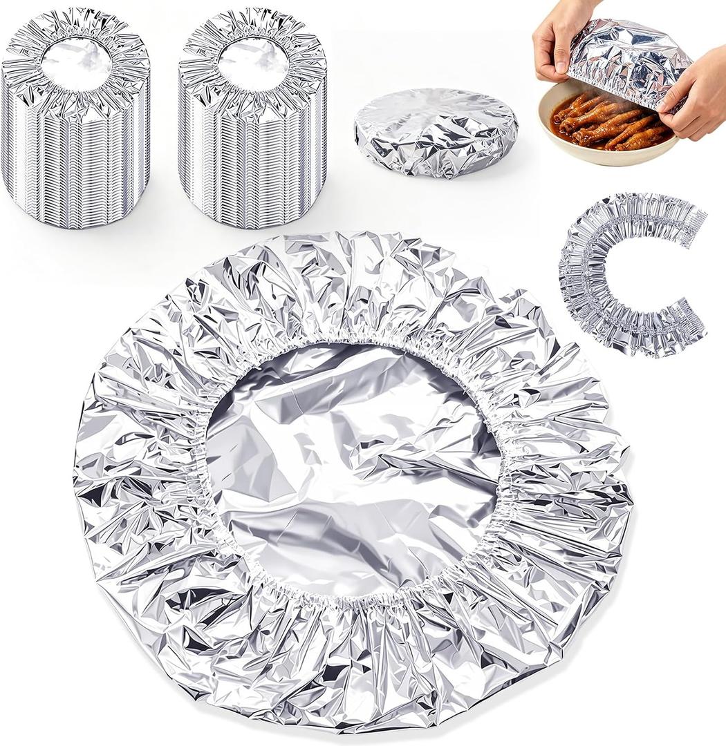 100 Pcs Reusable Aluminum Foil Food Covers Universal Disposable Thermal Insulated Food Cover Aluminum Foil Heat Retaining Covers 110℃ Heat Resistant Elastic Freshness-Preserving