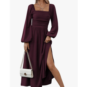 Floerns Women's Square Neck Lantern Long Sleeve Dress Split Ruched Party Midi Dresses Large