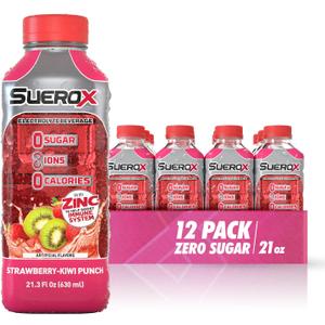 SueroX Zero Sugar Electrolyte Drink for Hydration and Recovery, Unique Blend of Electrolytes & 8 Ions, Zero Calorie Sports Drink, 21.3 Fl Oz, Strawberry-Kiwi Punch, 12 Count, BB Date: 03/11/2027