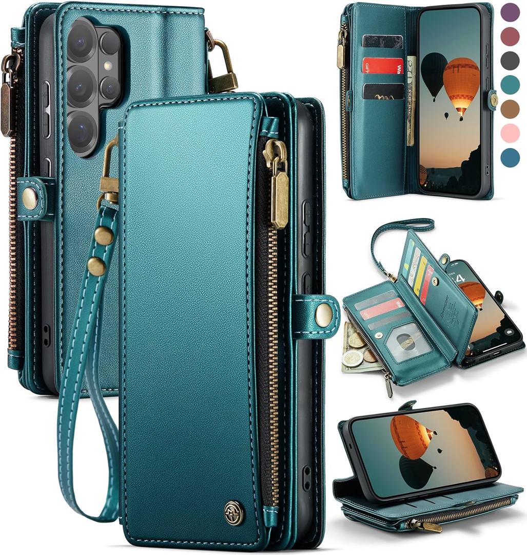 Defencase for Galaxy S26 Ultra Case Wallet with RFID Blocking Card Holder for Women Men, PU Leather Magnetic Snap Flip Wristlet Strap Zipper Wallet Phone Cases for Samsung Galaxy S26 Ultra 6.9", Green