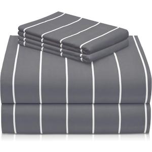 LuxClub 4 PC Queen Size Sheet Set Bed Sheets, Breathable Luxury Deep Pockets 16" Wrinkle Free Cooling Sheets Machine Washable Hotel Bedding (Queen, Striped Light Grey)