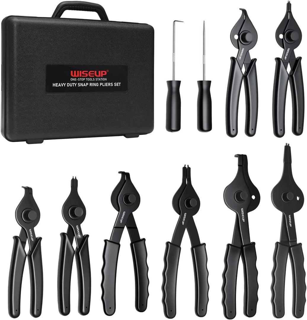 WISEUP 10-Piece Snap Ring Pliers Set, Heavy Duty Internal/External Circlip Pliers Kit with Straight Bent Pliers Hook an Pick, Straight/Bent Jaw Tips for C-Clip Ring Remover with Storage Case