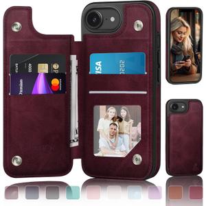 DJDUCK Designed for iPhone 16E Case Wallet with Card Holder, [Magnetic Clasp Cover] [RFID Blocking Leather Protection] Shockproof Women Men Cases 6.1" for Apple 16E Wine Red