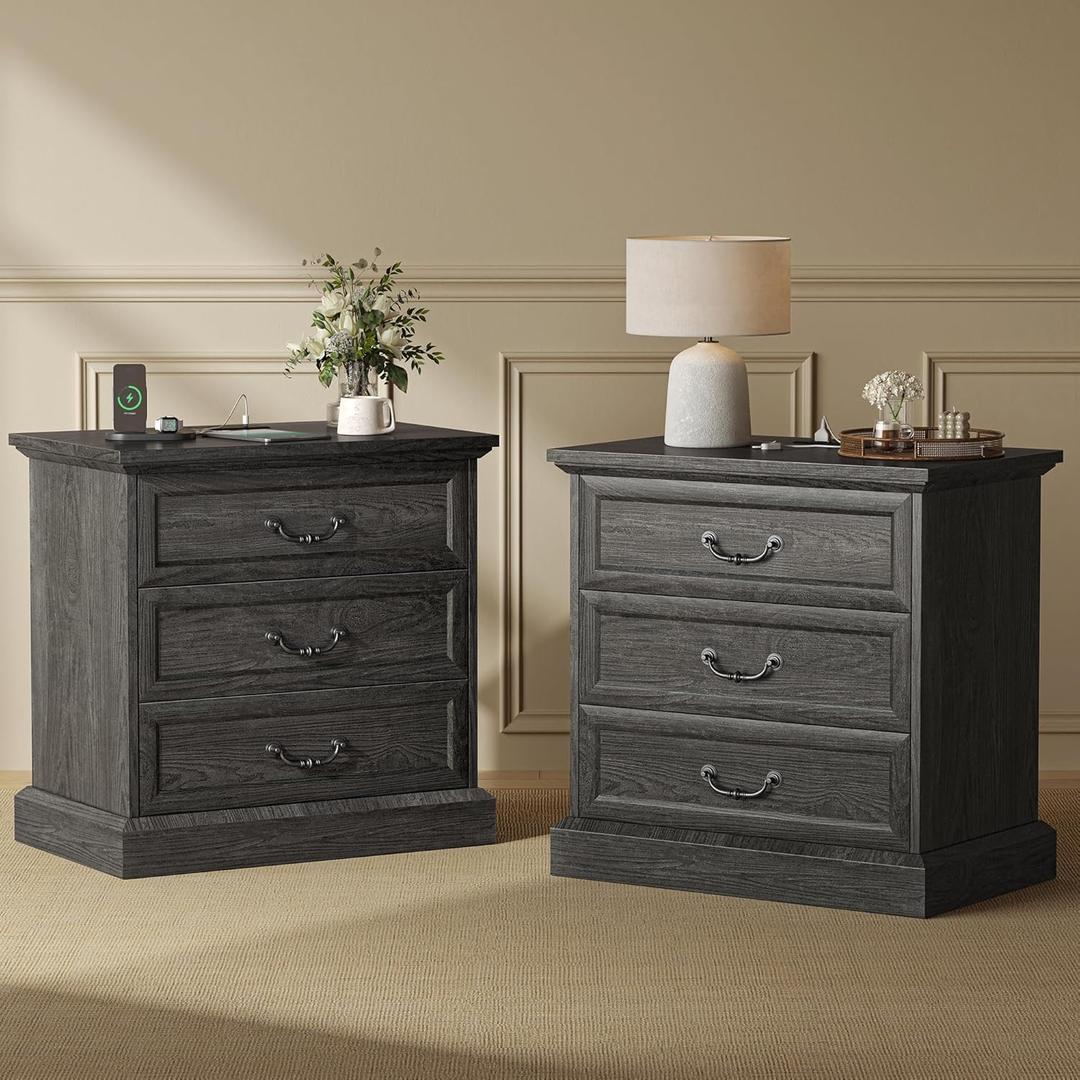 Huuger Nightstand with Charging Station, 3 Drawer Night Stand Set of 2, 22 Inch Wider Side Table with Storage, Farmhouse Nightstand with Vintage Handles, Thicken Base, for Bedroom, Black