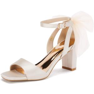 Coutgo Women's Bow Tie Heeled Sandals Chunky Heels One Strap Satin Ankle Buckle Dress Wedding Shoes (8, Champagne)