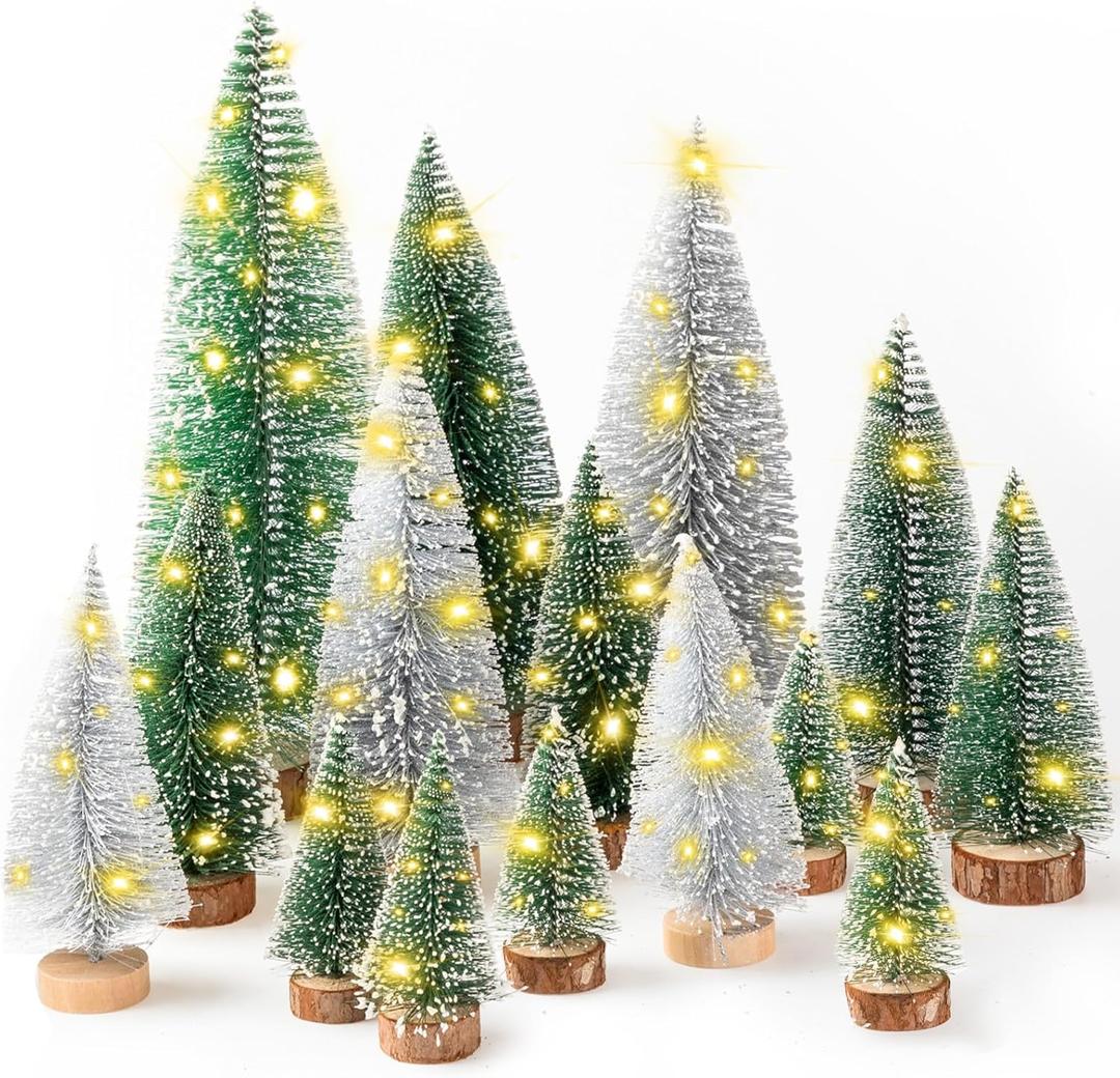 Lenwen 18 Packs Mini Christmas Trees Christmas Decor Bottle Brush Christmas Trees with 6 LED Lights 11.8'' 5 Size Pine Trees with Wooden Bases Mini Bottle Brush Trees Tabletop(Green and Silver)