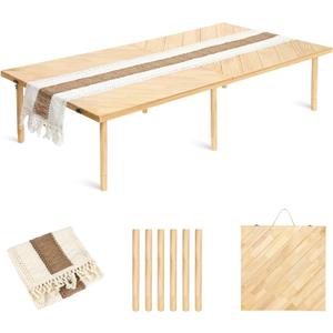 Folding Picnic Table 60x30in, Solid Wood Portable Low Floor Table, Mortise & Tenon Joints, Adjustable Height, Boho Table for Beach Camping Garden Party, Runner Included, Seats 6-8