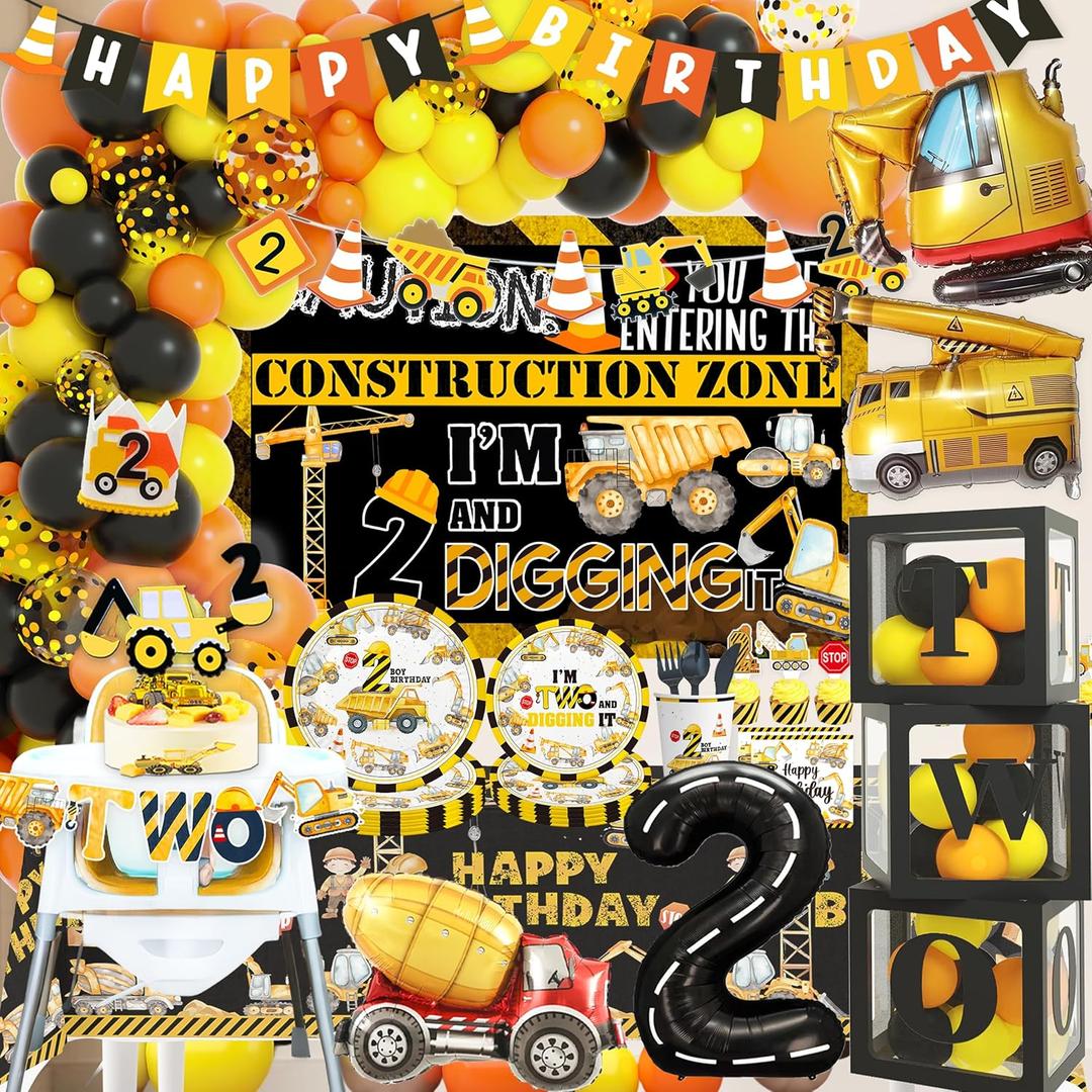 Construction 2nd Birthday Party Supplies ,Dump Truck 2nd Birthday Party Decorations Tableware Includes Box Cutout Sash Plates, Cup, Napkin, Balloon, Backdrop, Tablecloth, Banner, Construction 2nd