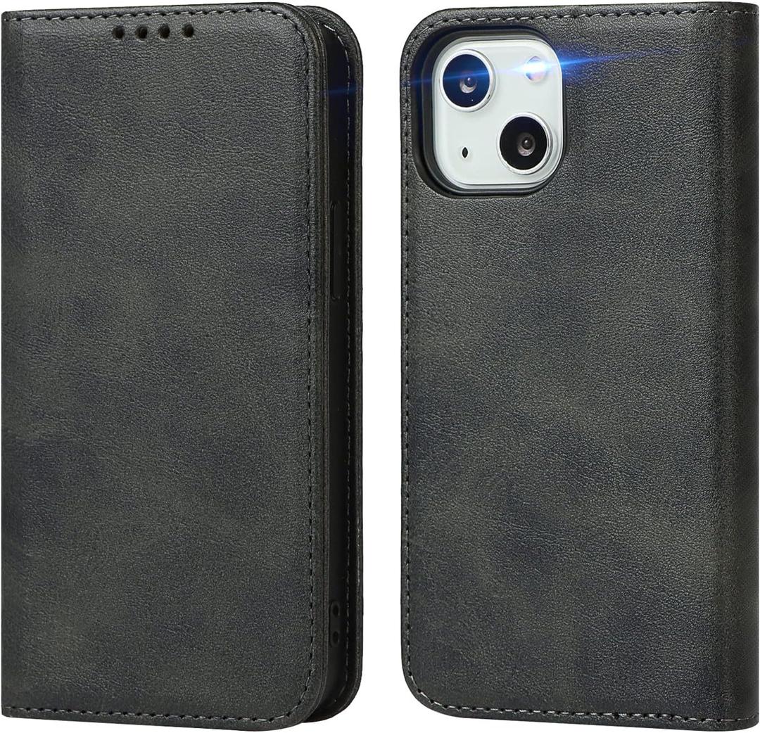 for iPhone 15 Plus Wallet Case with Card Holder for Women Men PU Leather Flip Folio Credit Card Slots Stand Shockproof Phone Cover-Black