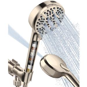 Filtered Shower Head with Handheld Brushed Nickel, BOWGER 6 Modes High Pressure Shower Heads with Power Wash Mode and Hard Water Filter, Detachable Hand Held Showerhead Set with Extra Long Hose