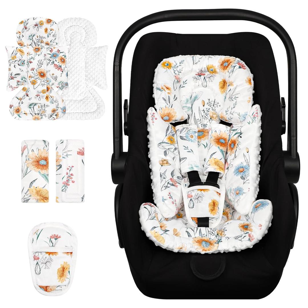 Infant Car Seat Insert Cushion for Newborn Girls Boys, 3 in 1 Ultra Soft Minky Newborn Body Support Insert Fits Car Seat, Stroller, Swing, Bouncer, Daisy Flower (White)