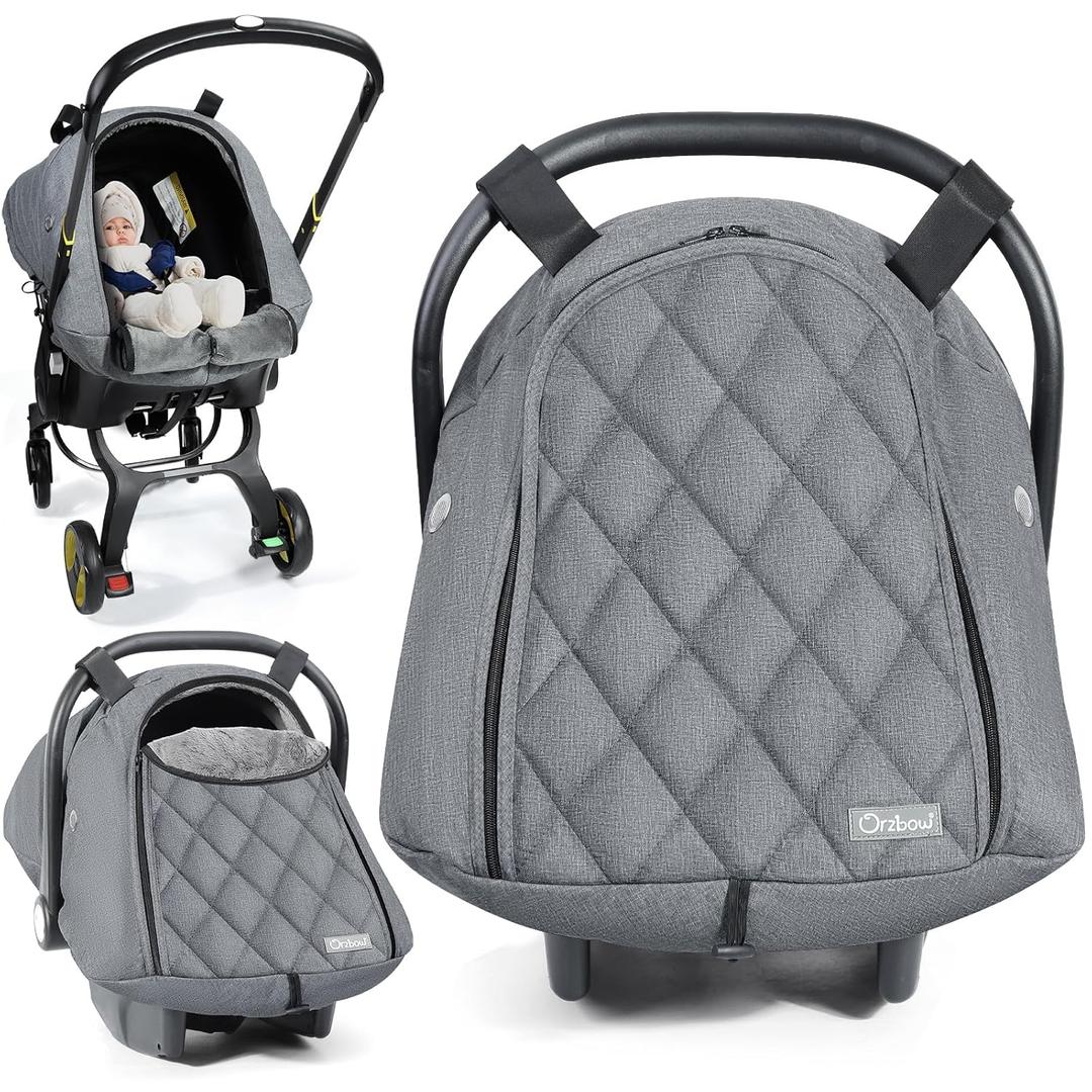 Orzbow Winter Baby Car Seat Cover with Front Zipper Door, Cold Weather Carseat Cover Canopy, Side Breathable, Rain, Snow and Wind Proof, Machine Washable, Light Grey (Light Grey - Diamond Pattern Grid)